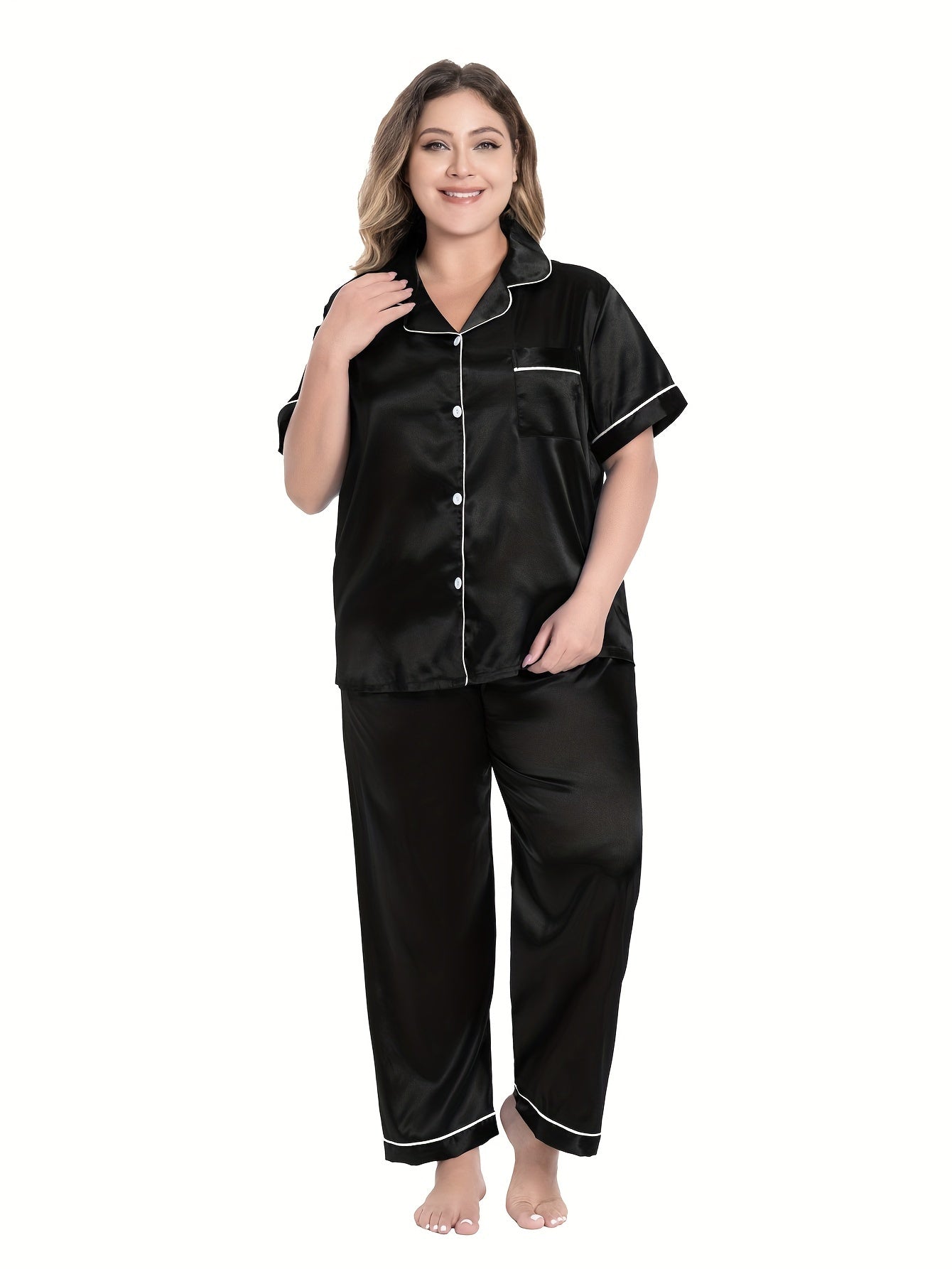 Pajamas Set Women's Plus Contrast Binding Shirt