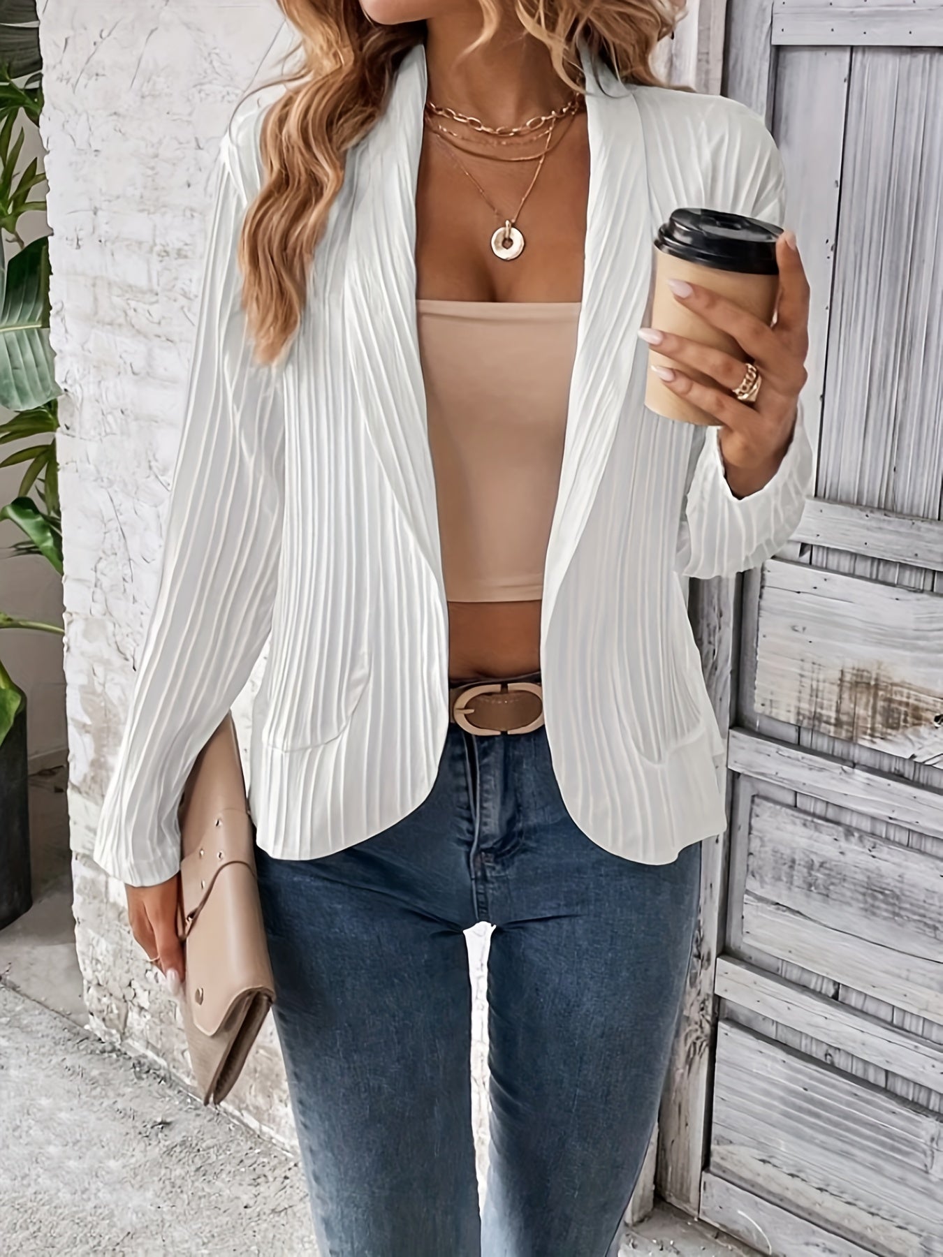 Ribbed Long Sleeve Shawl Collar Blazer