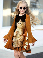 Girls Lovely Kitty Graphic Flare Sleeve Dress