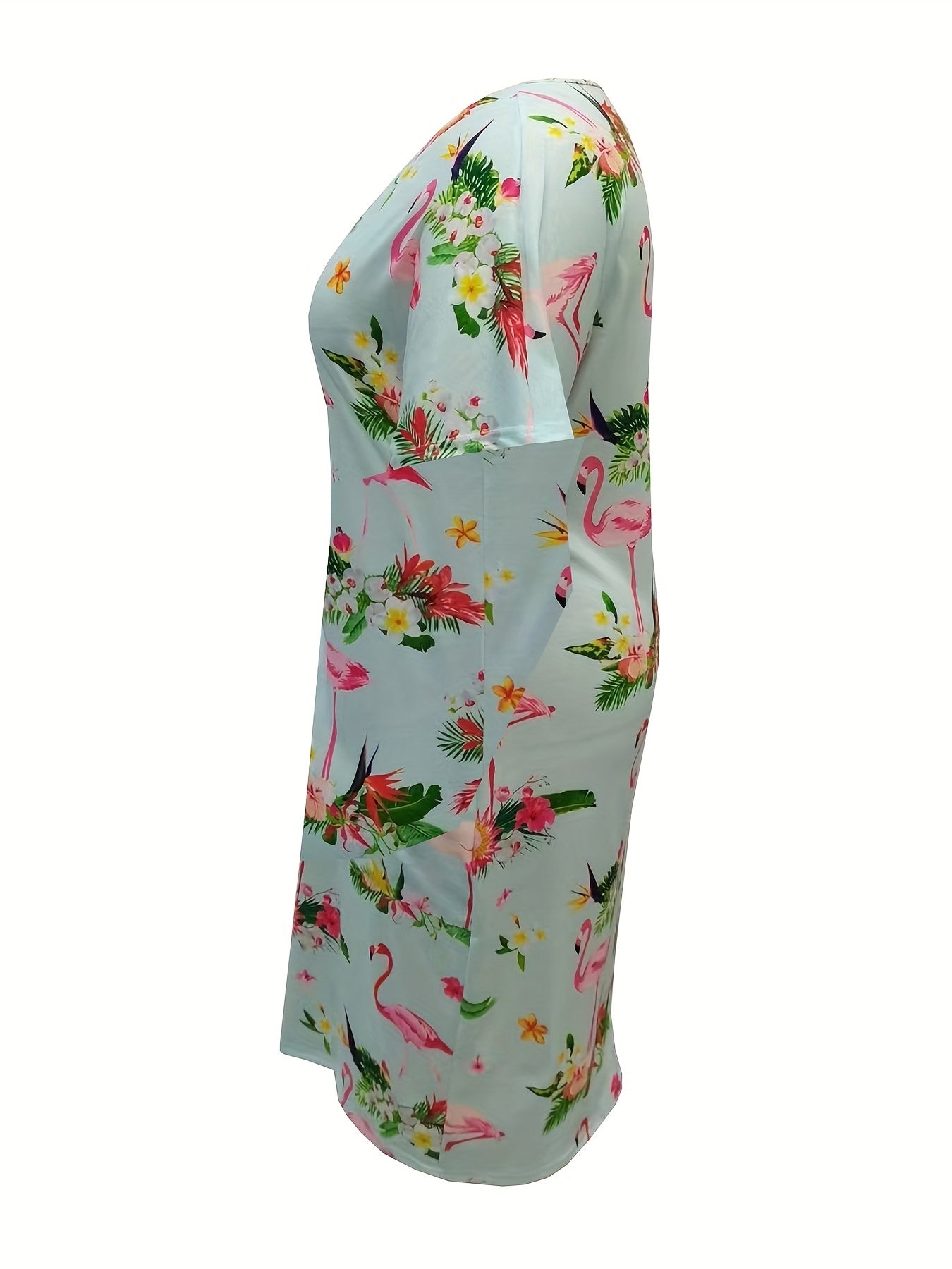Women's Plus Flamingo & Floral Print Short Sleeve V Neck High Stretch Dress