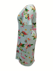 Women's Plus Flamingo & Floral Print Short Sleeve V Neck High Stretch Dress