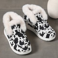 Cow Print Snow Boots Warm Plush Lined Slip On Flat Shoes