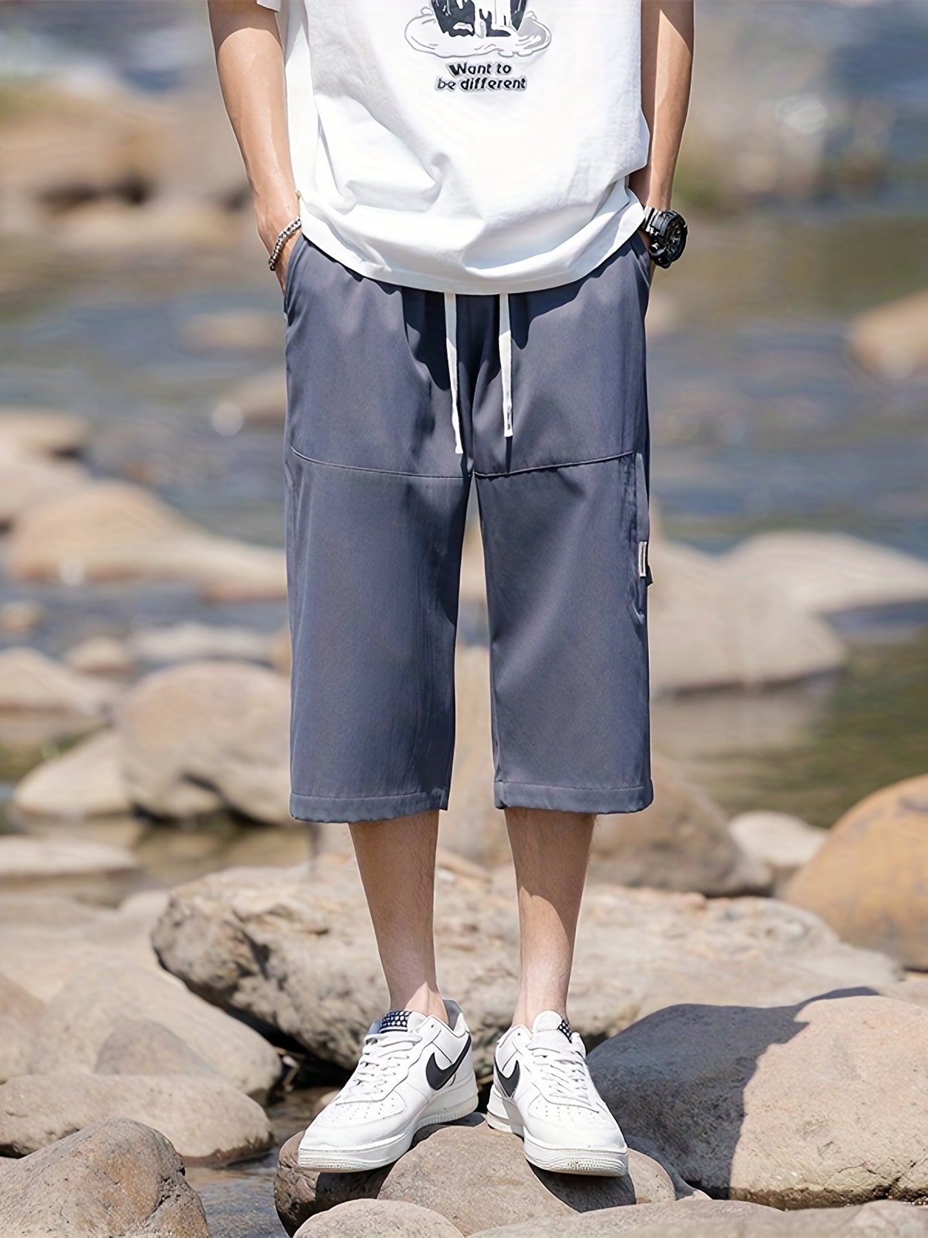 Men's Comfy Drawstring Long Shorts Zipper Pocket Summer Outdoor
