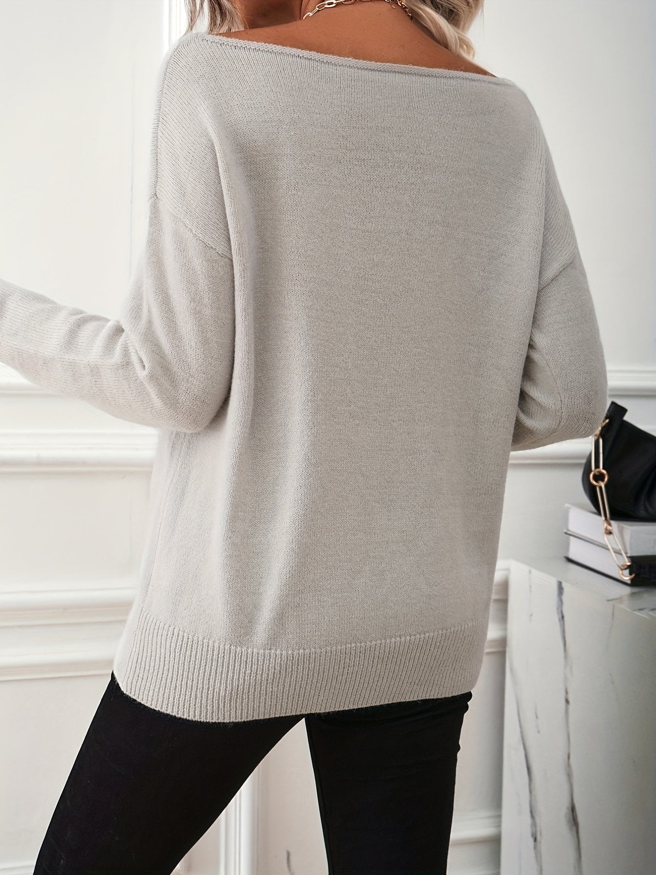 Boat Neck Pullover Sweater Long Sleeve Loose Fit Women's Clothing