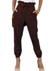 Tie Front Ruched Pants Casual High Waist With Pockets