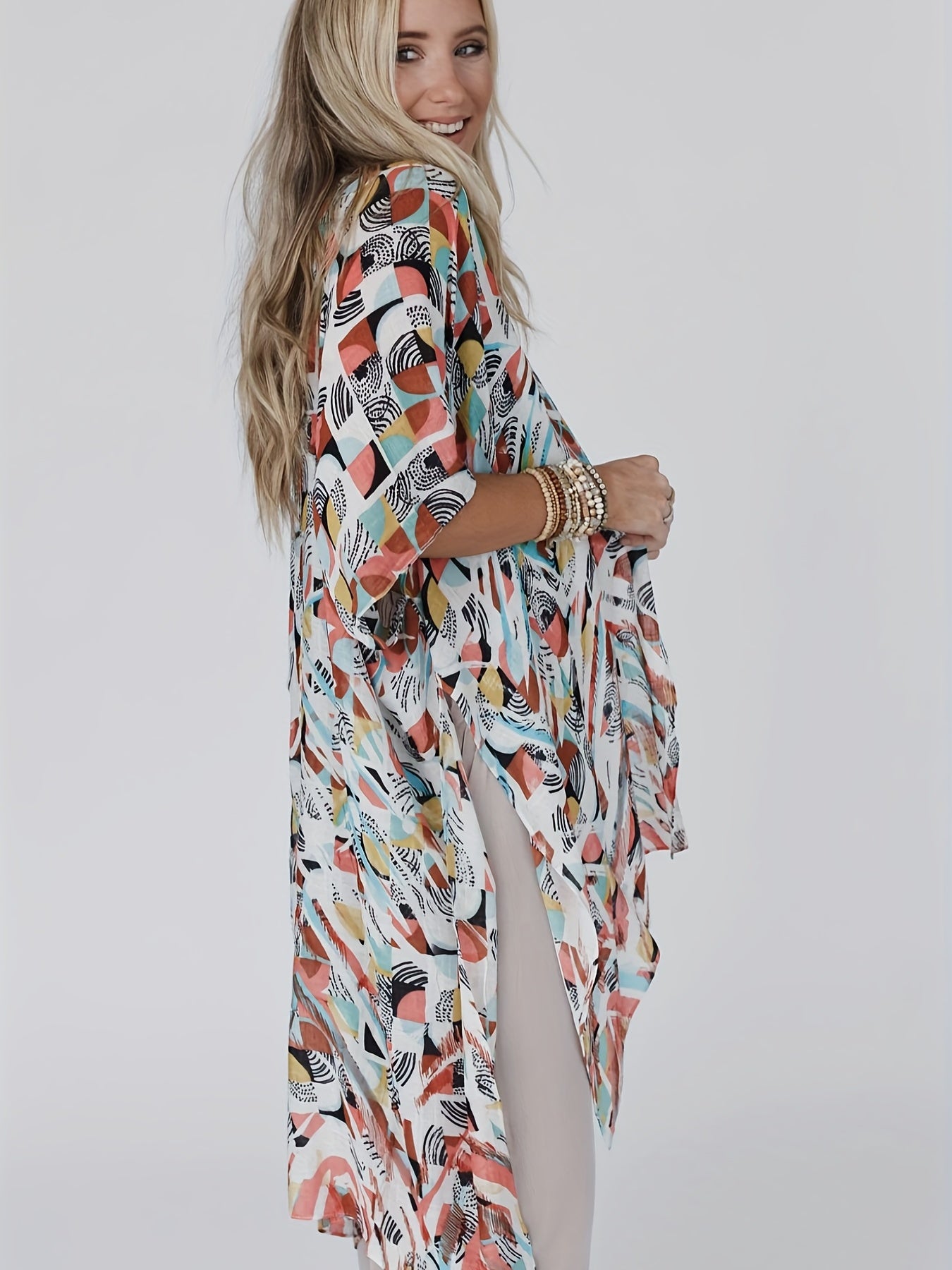 Boho Kimono Open Front Split Cover Up Kimono