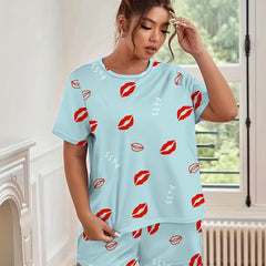 Kiss & Lips Print Tee & Shorts Comfort Loungewear Set