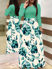 Floral Print Maxi Dress, Colorblock Long Dress