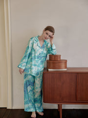 Wave Print Pajama Set Long Sleeve Top & Pants Women's Sleepwear
