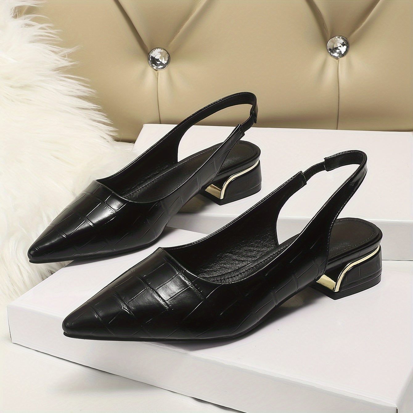Low Heeled Slingback Sandals Pointed Toe Elastic Slip On Shoes