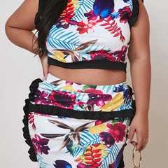 Women's Plus Floral Print Ruffle Trim Crop Top & Skirt Set