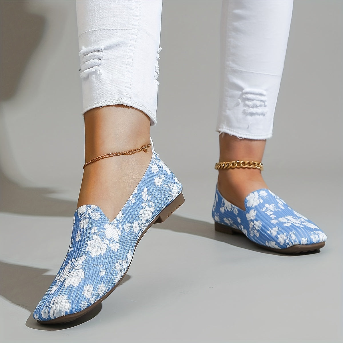 Women's Floral Print Flat Shoes Breathable Flying Woven Square Toe Shoes