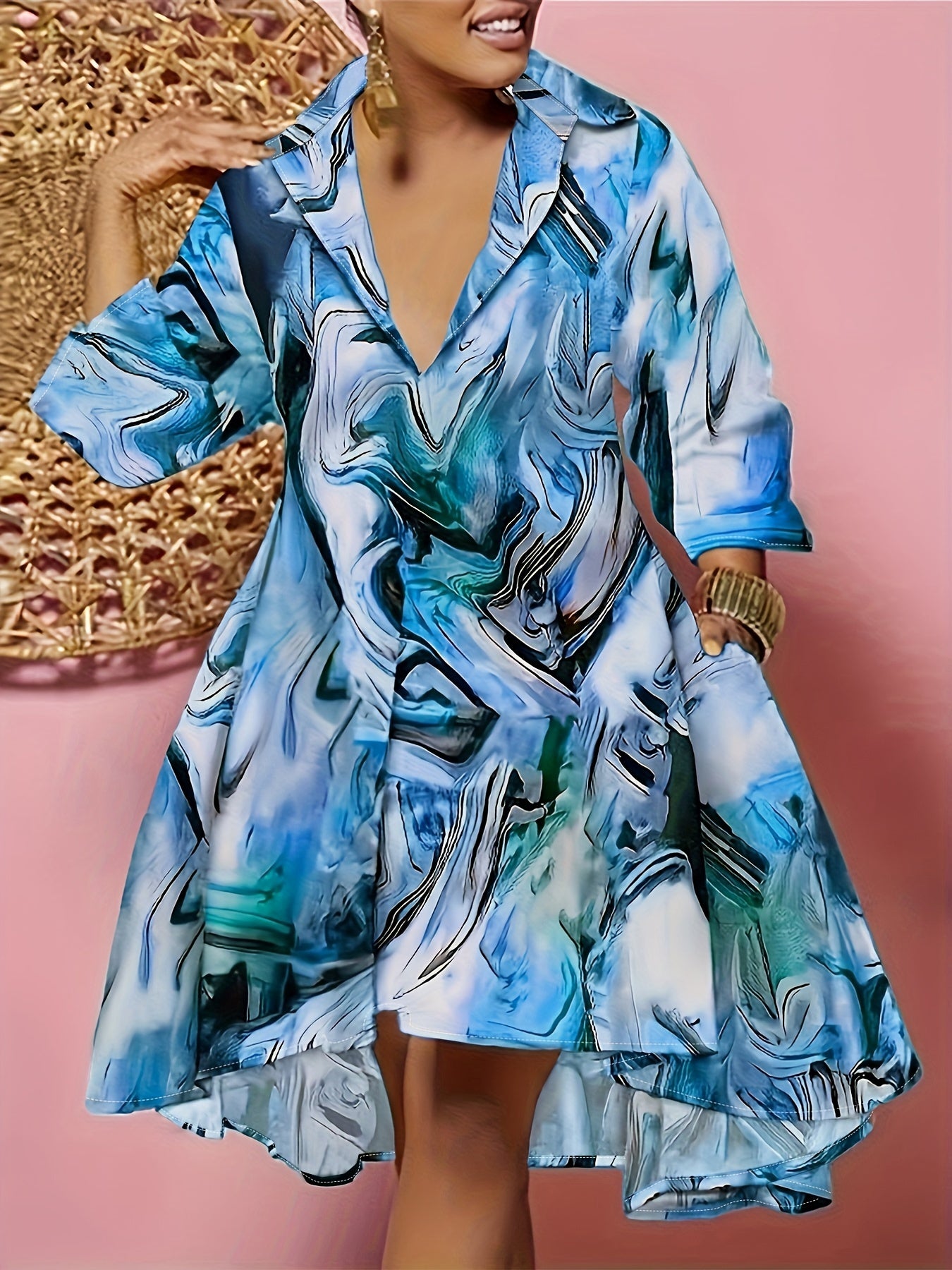 Marble Print Long Sleeve Polo Neck Dress With Pockets