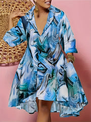 Marble Print Long Sleeve Polo Neck Dress With Pockets