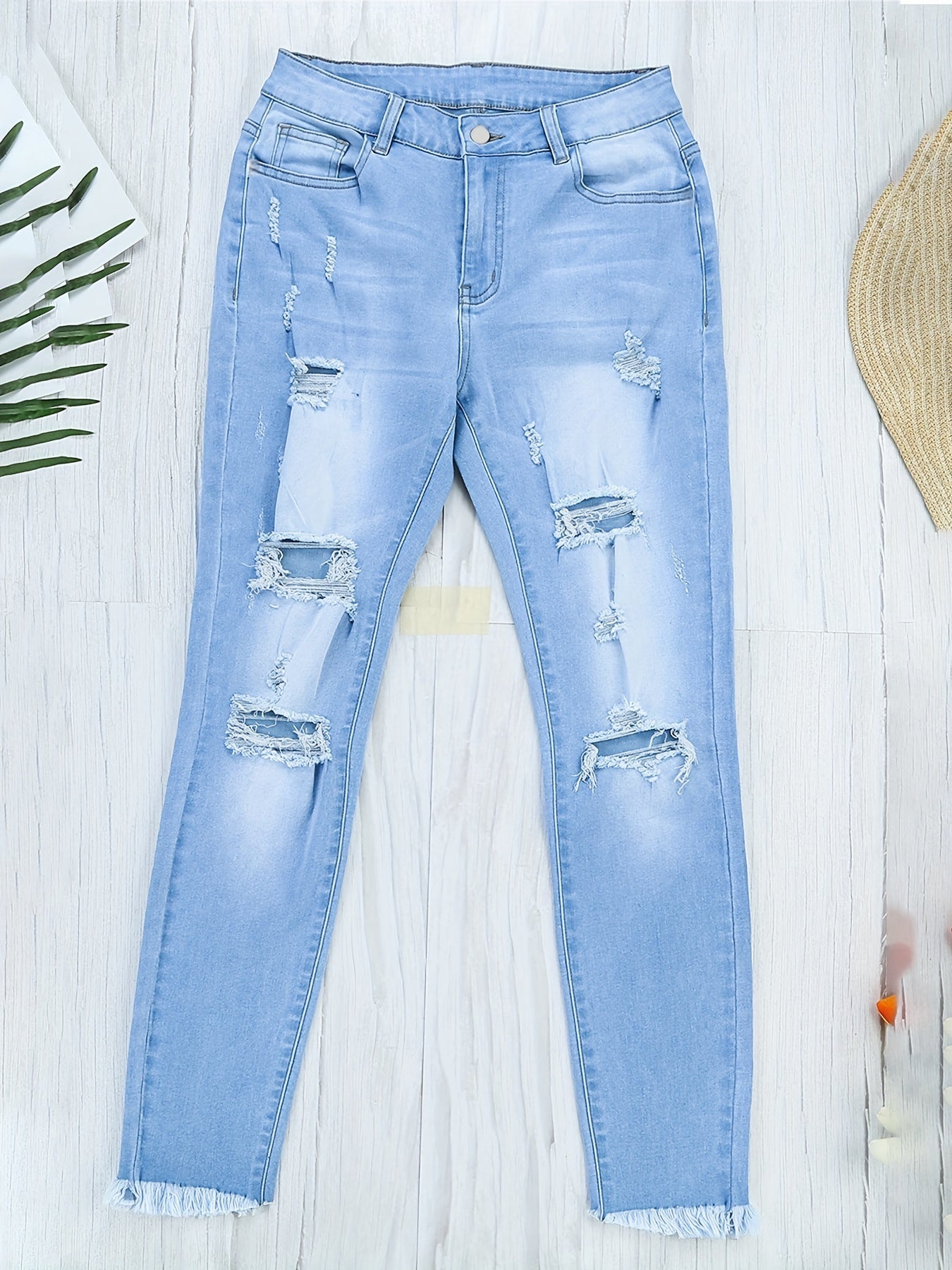 Washed Ripped Button Fly Jeans