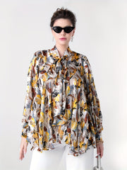 Vacay Blouse Women's Plus Leaf Print Lantern Sleeve Blouse