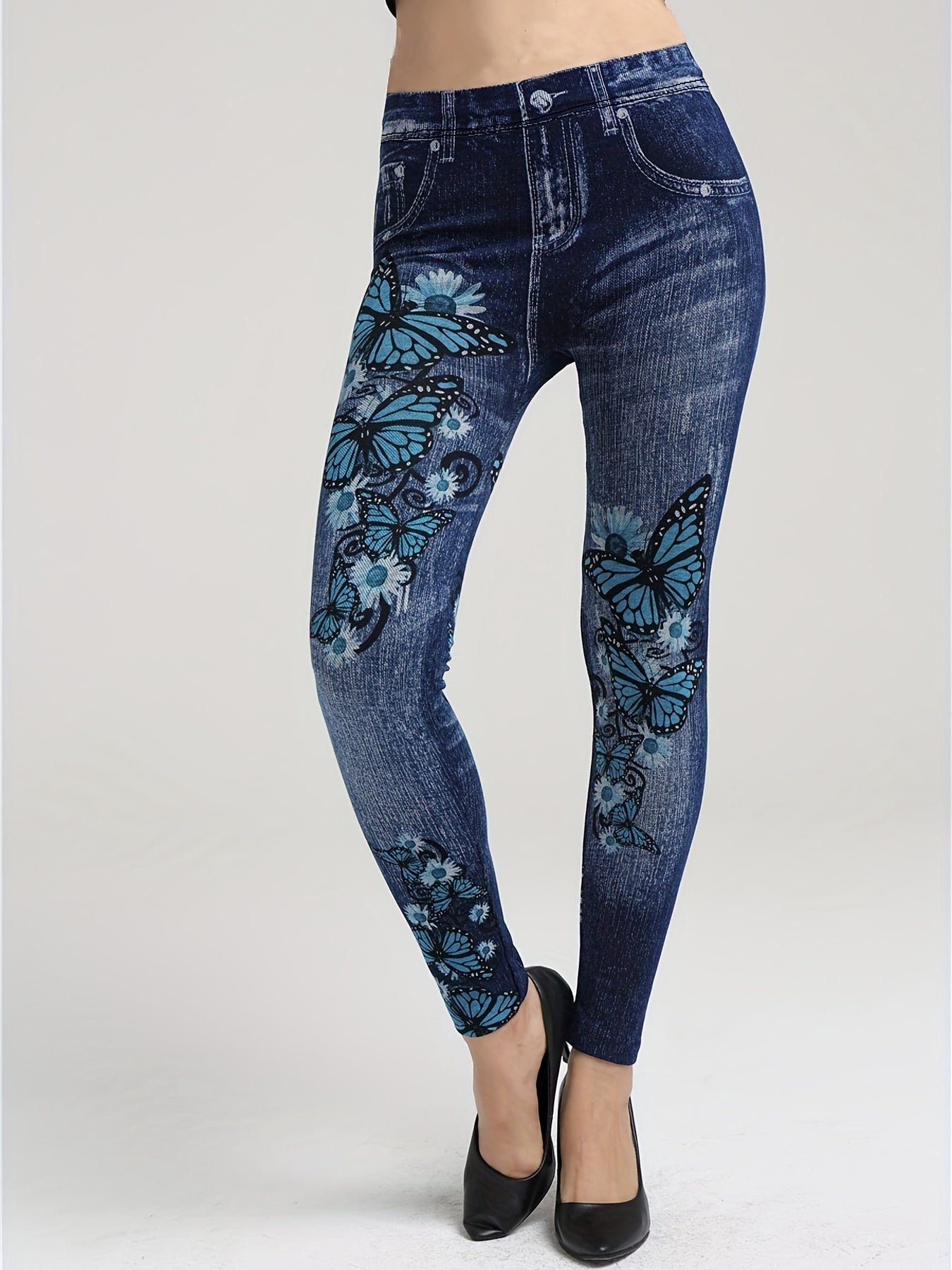 Butterfly & Denim Print Leggings Casual Stretchy Skinny Leggings