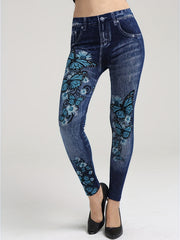 Butterfly & Denim Print Leggings Casual Stretchy Skinny Leggings