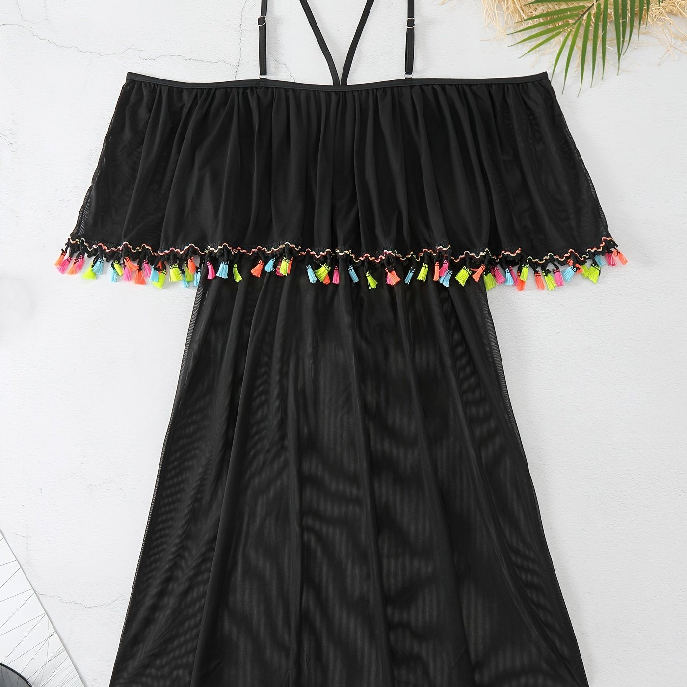 Colorful Tassel Trim Cold Shoulder Cover Up Dress