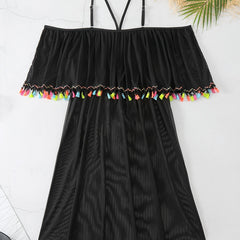 Colorful Tassel Trim Cold Shoulder Cover Up Dress