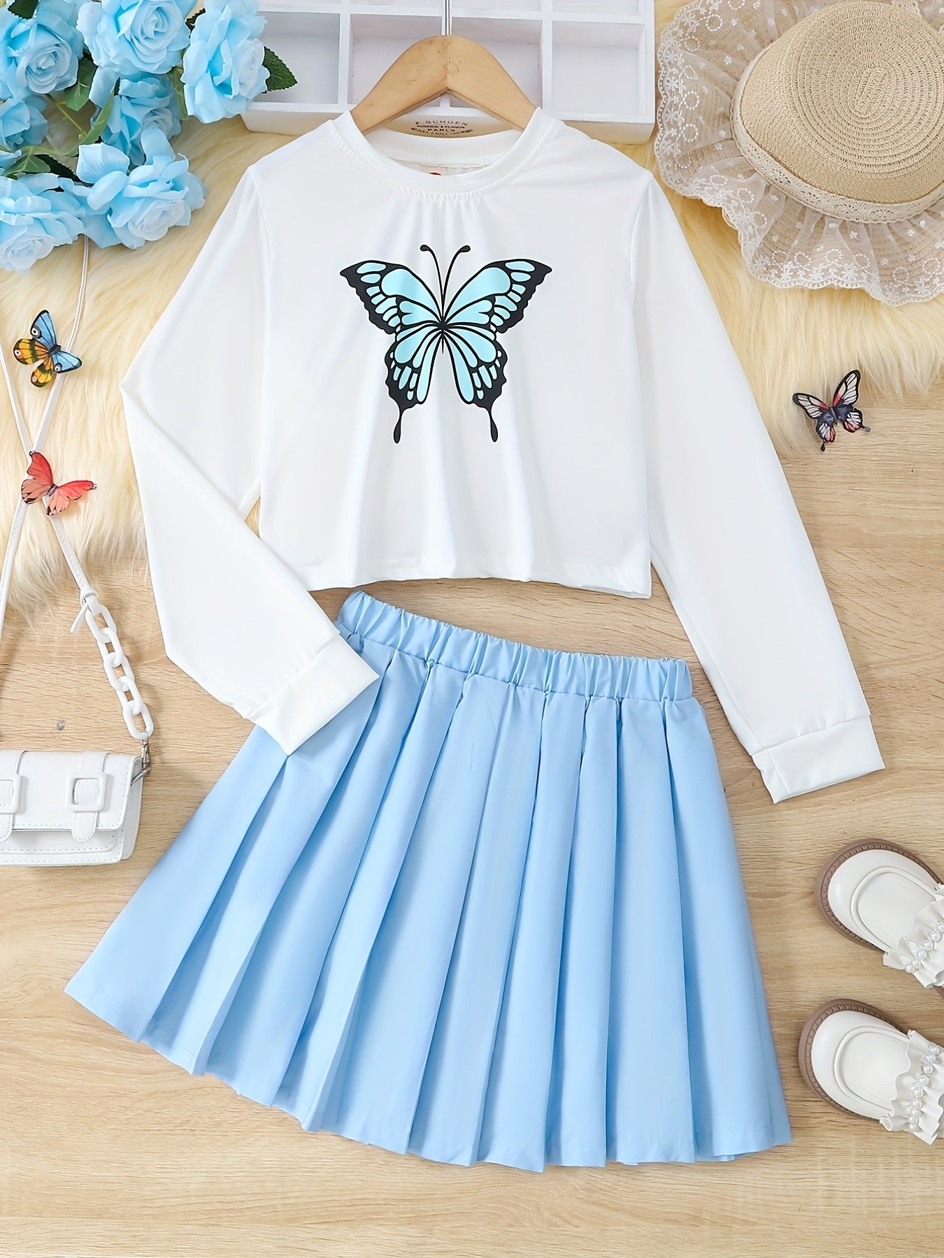 2pcs Girls Number Print T Shirt Crop Top & Skirt Set Kids Clothes