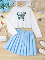 2pcs Girls Number Print T Shirt Crop Top & Skirt Set Kids Clothes