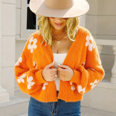Floral Pattern Open Front Cardigan Long Sleeve Crop Sweater