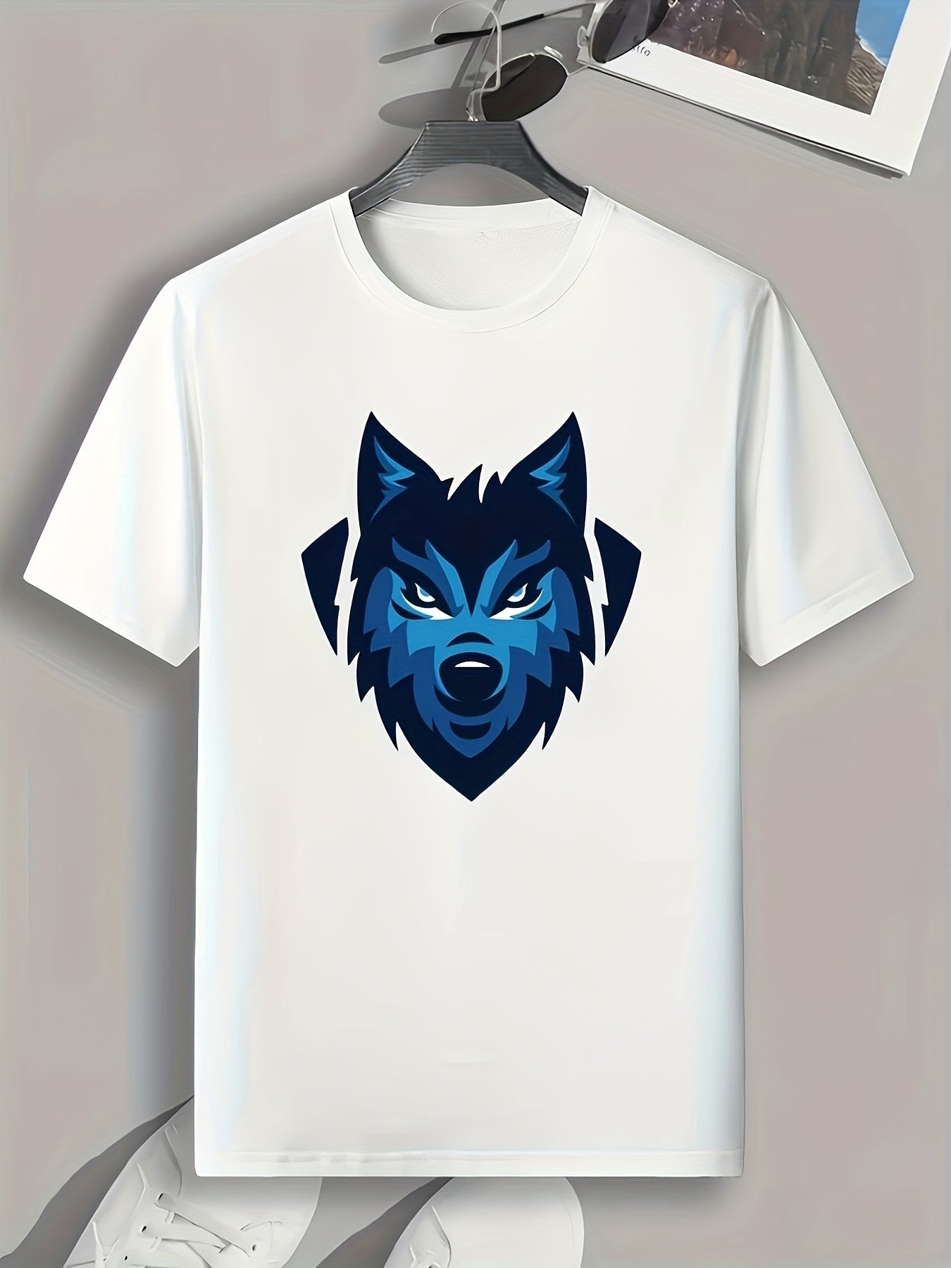 Wolf Pattern Print Men's Comfy Sports T-shirt for Fitness Activities