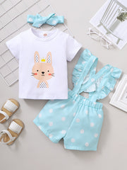 Baby Girl Rabbit Print Outfit Set - T-shirt, Polka Dot Shorts, Headband