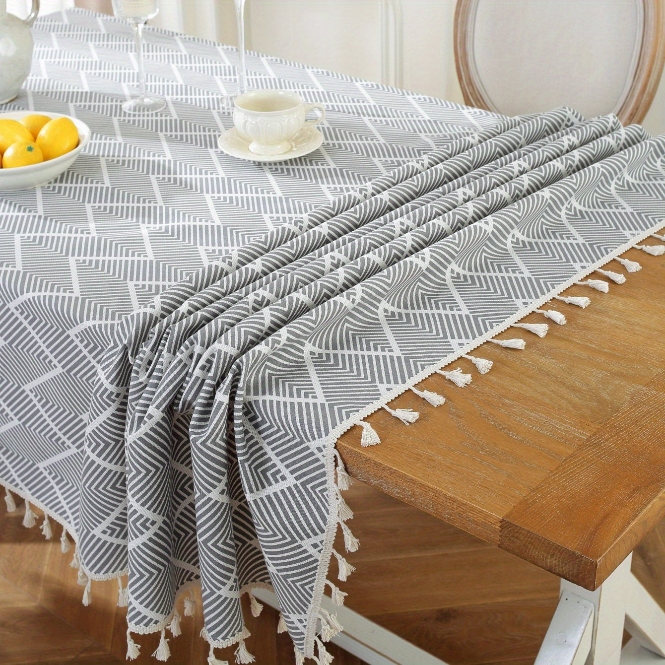 Boho Geometric Wave Pattern Tablecloth European Style Cotton Linen Rectangular