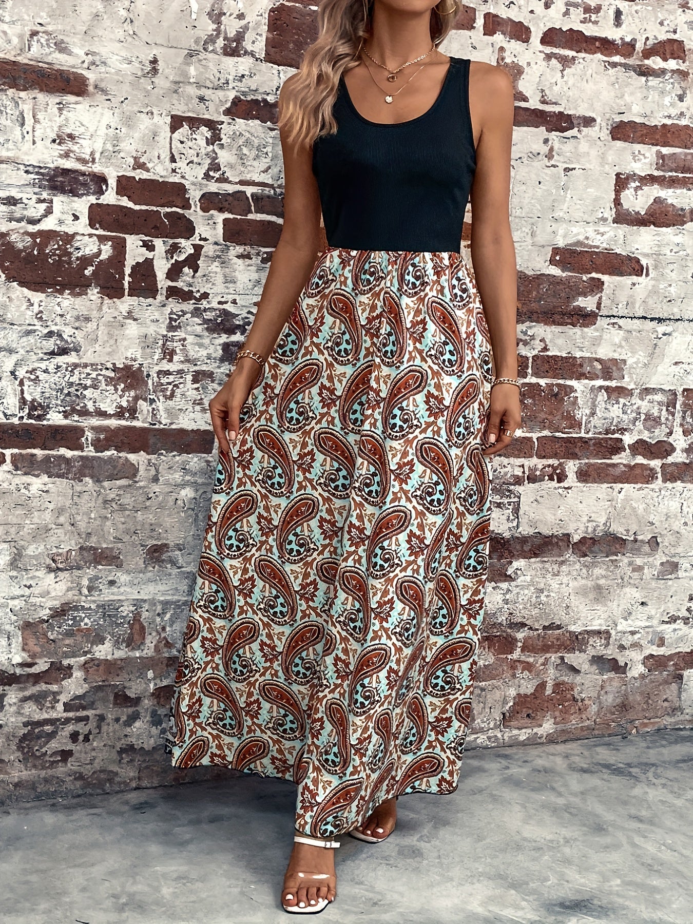 Paisley Print Splicing Maxi Dress Sleeveless Crew Neck