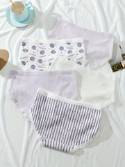 5 Pcs Strawberry & Rabbit Briefs & Ribbed Cotton Bikini Panties