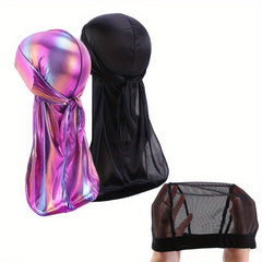 3pcs Silky Durags Wave Cap Set High Stretch Elastic Satin Extra Long Tails