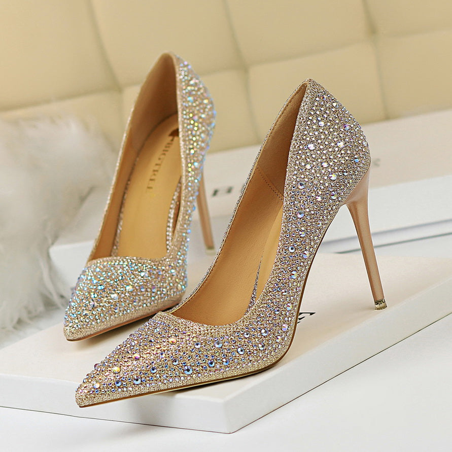 Glitter Rhinestone Wedding Shoes Pointed Toe Stiletto Heeled Pumps