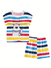 Boys Bear Print Striped Pajamas Set Sleeveless Comfortable Homewear