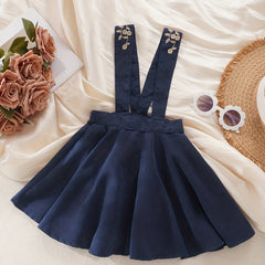 Girls Embroidered Straps Overalls Skirt Elastic Waist