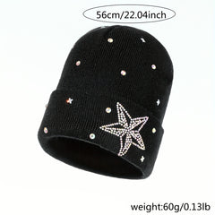 Rhinestone Star Beanie Casual Knit Hat Warm Skull Cap