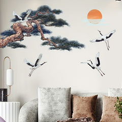 Chinese Style Ink Pine And Crane Painting Wall Stickers Bedroom Decoration