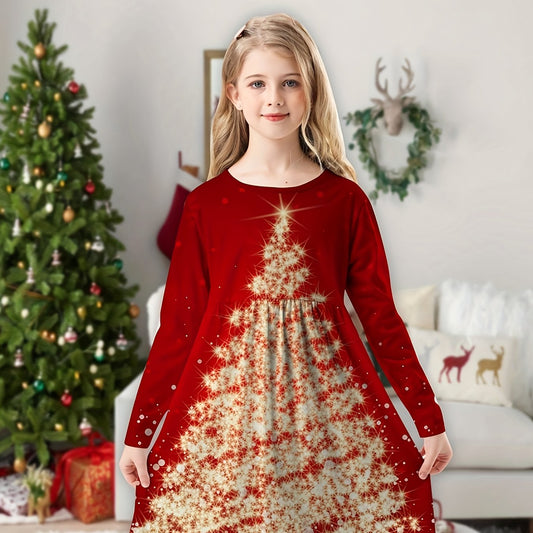 Girls Golden Christmas Tree Long Sleeve Dress 3D Print Spring Fall Christmas