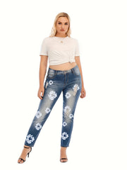 Floral Print Ripped Straight Leg Jeans