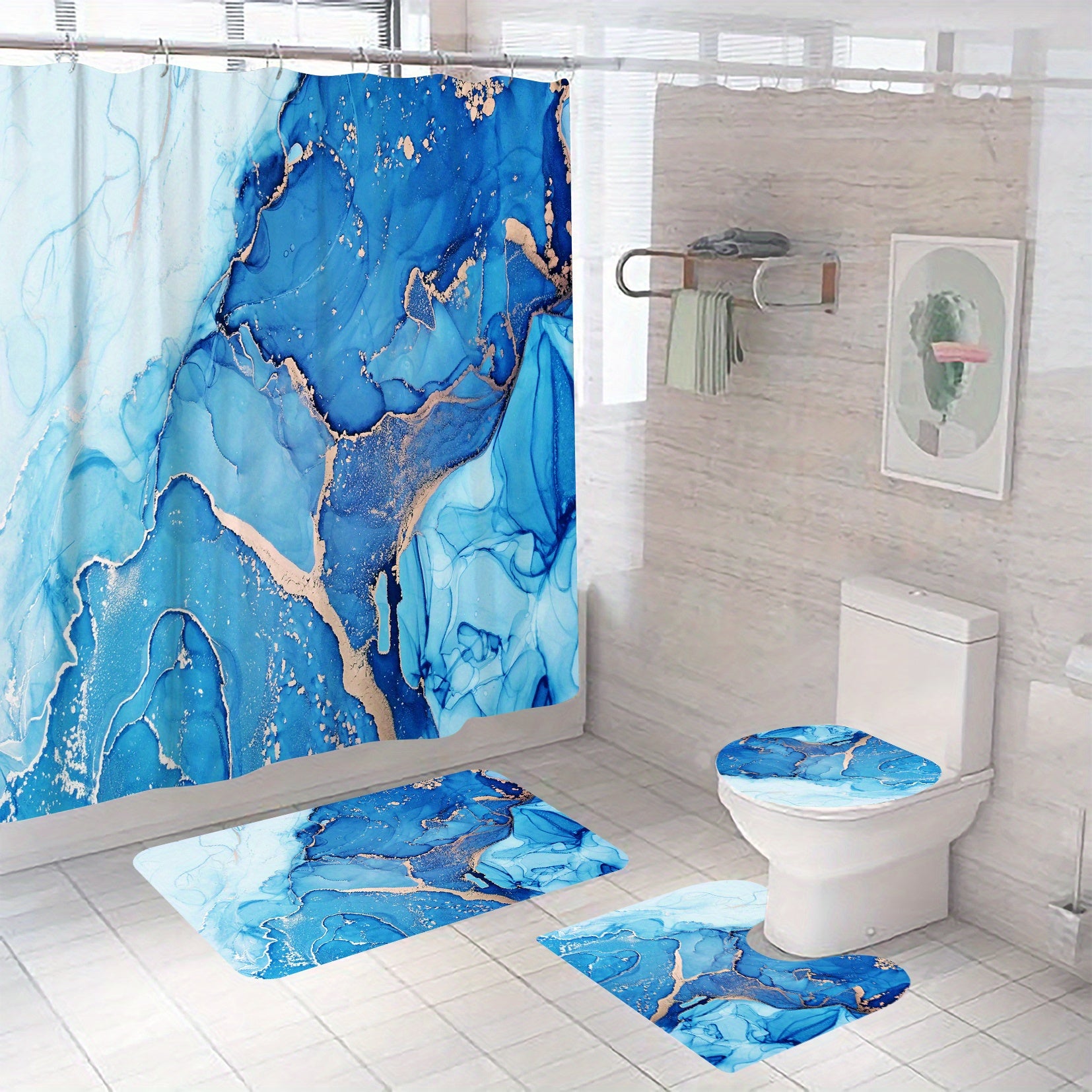 4pcs Waterproof Marble Shower Curtain Set with Non Slip Mat & Rug