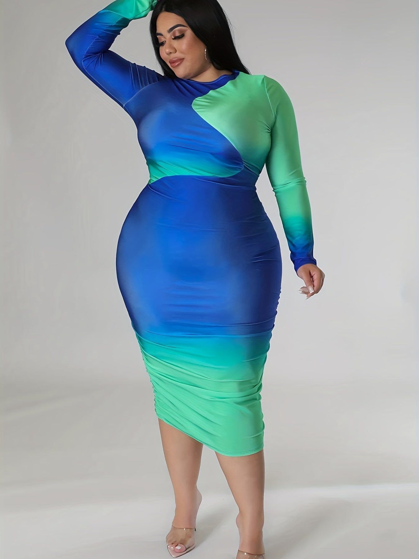 Women's Plus Ombre Print Long Sleeve Round Neck Midi Dress