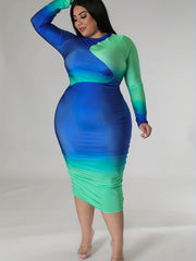 Women's Plus Ombre Print Long Sleeve Round Neck Midi Dress