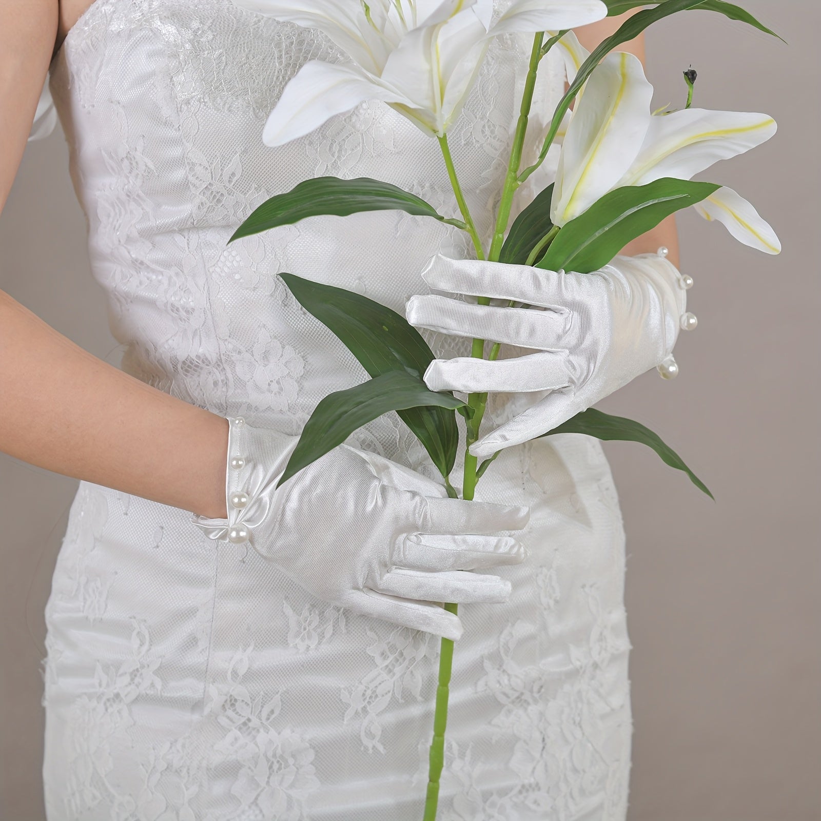 Satin Bride Gloves with Pearl Trim for Weddings
