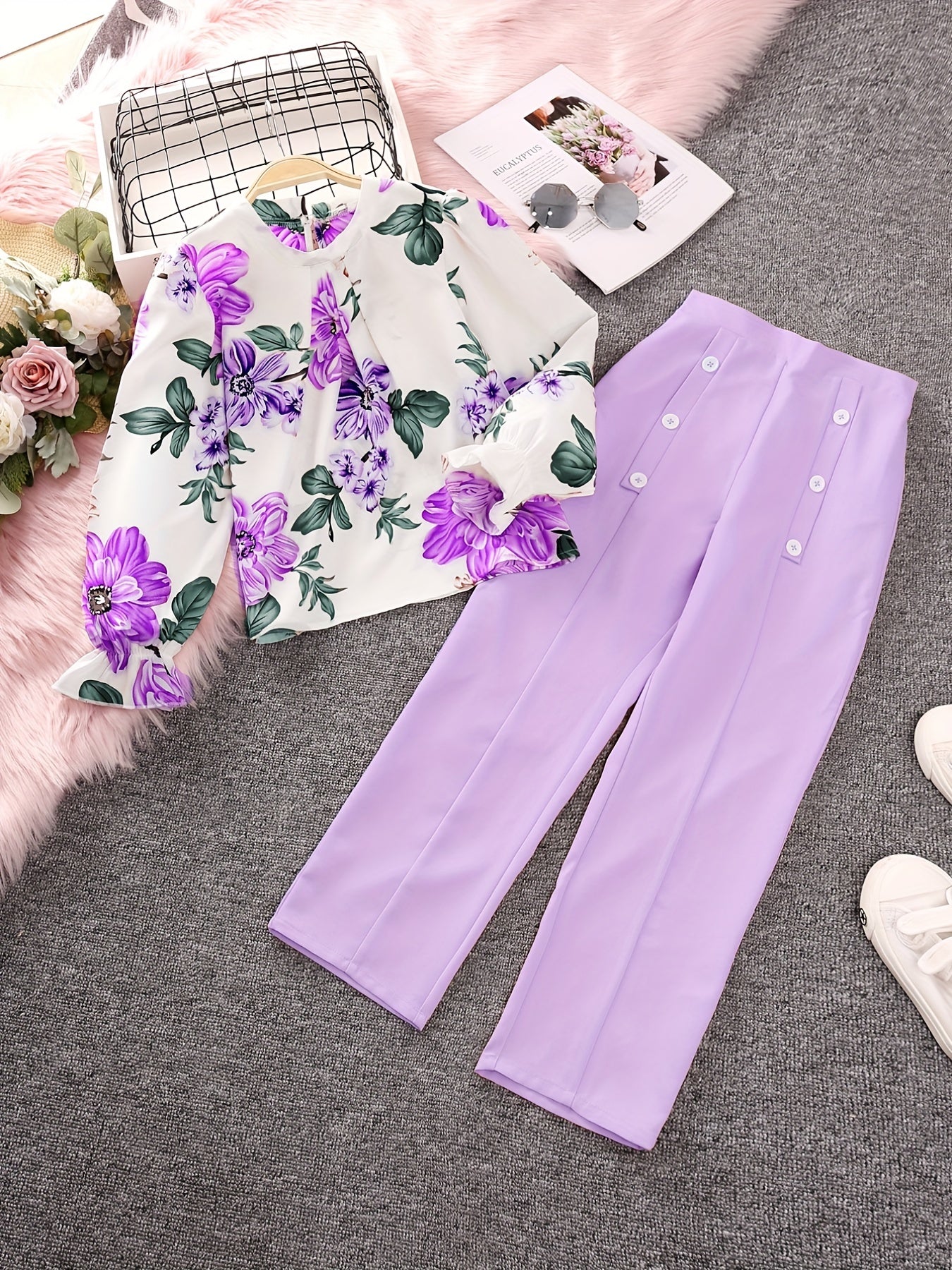 2pcs Girls Fall Clothes Long Ruffled Sleeve Flower Print Tops & Pants Set
