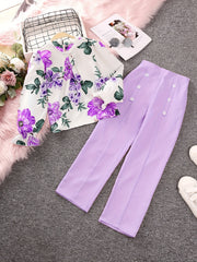 2pcs Girls Fall Clothes Long Ruffled Sleeve Flower Print Tops & Pants Set