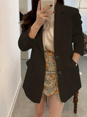 Solid Flap Pockets Blazer Lapel Long Sleeve Blazer for Office & Work