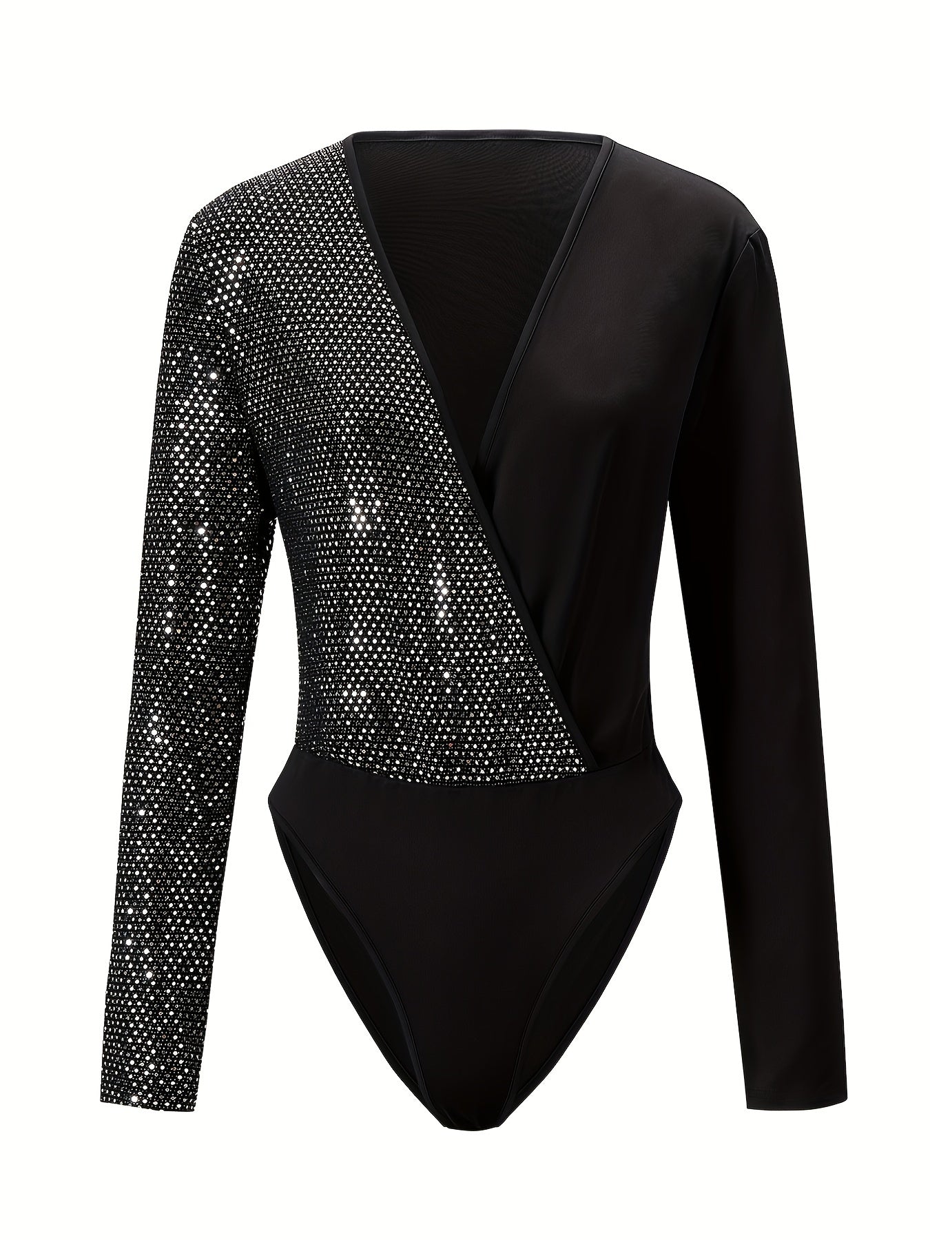 Sequined Surplice Neck Bodysuit Long Sleeve Slim Fit