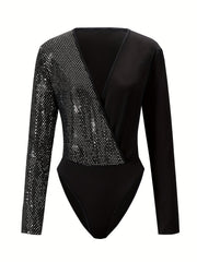 Sequined Surplice Neck Bodysuit Long Sleeve Slim Fit
