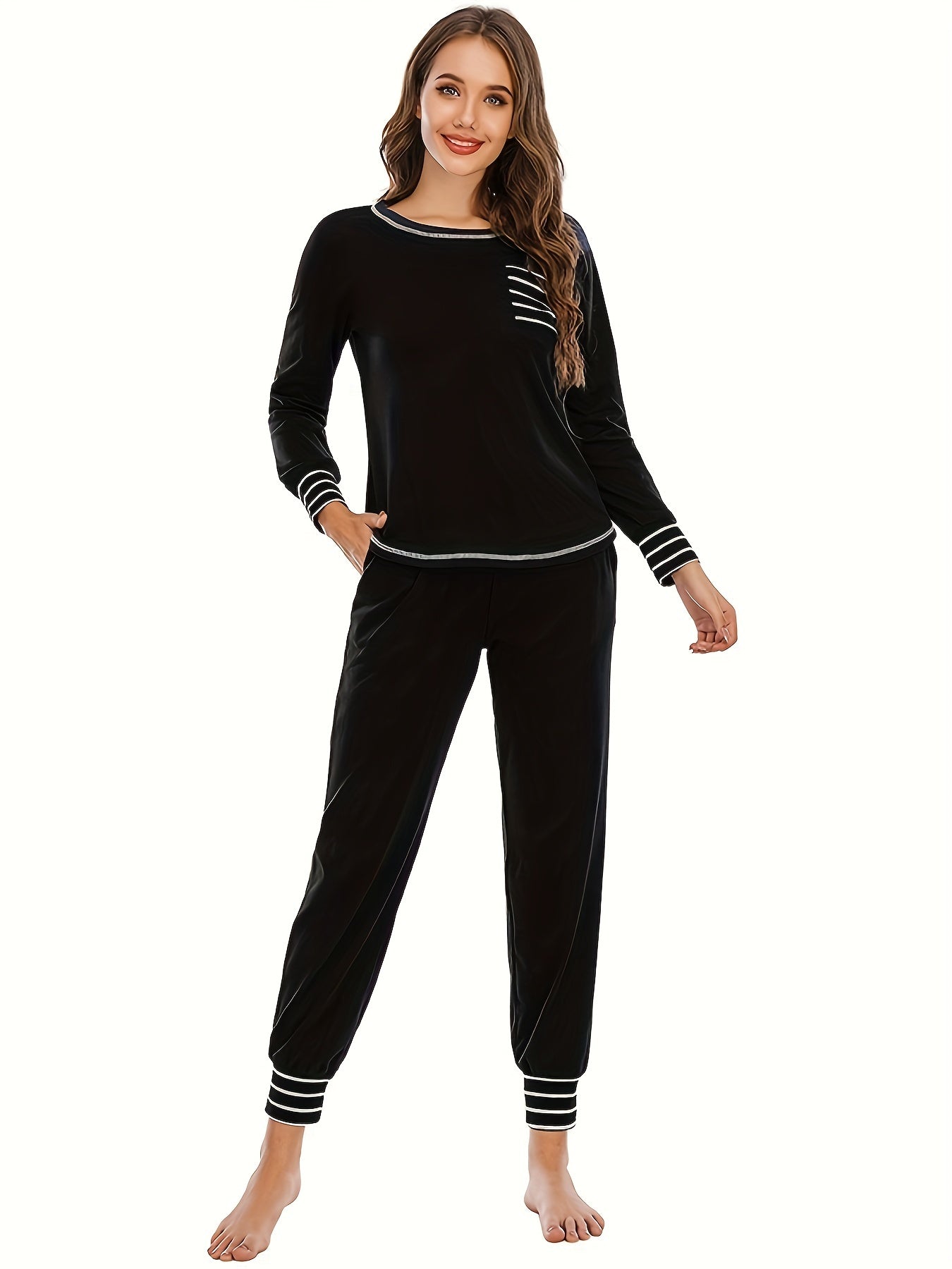 Striped Print Lounge Set Long Sleeve Crew Neck Top & Lace Up Pants